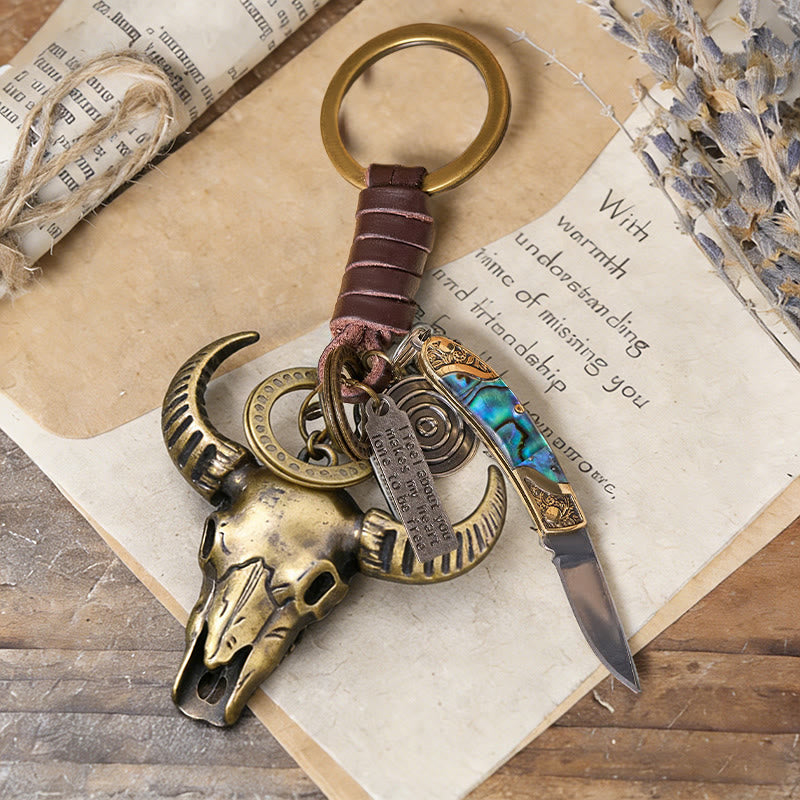 Retro Bull Head Pendant Shell Texture Folding Knife Keychain - Bull Head - image 0