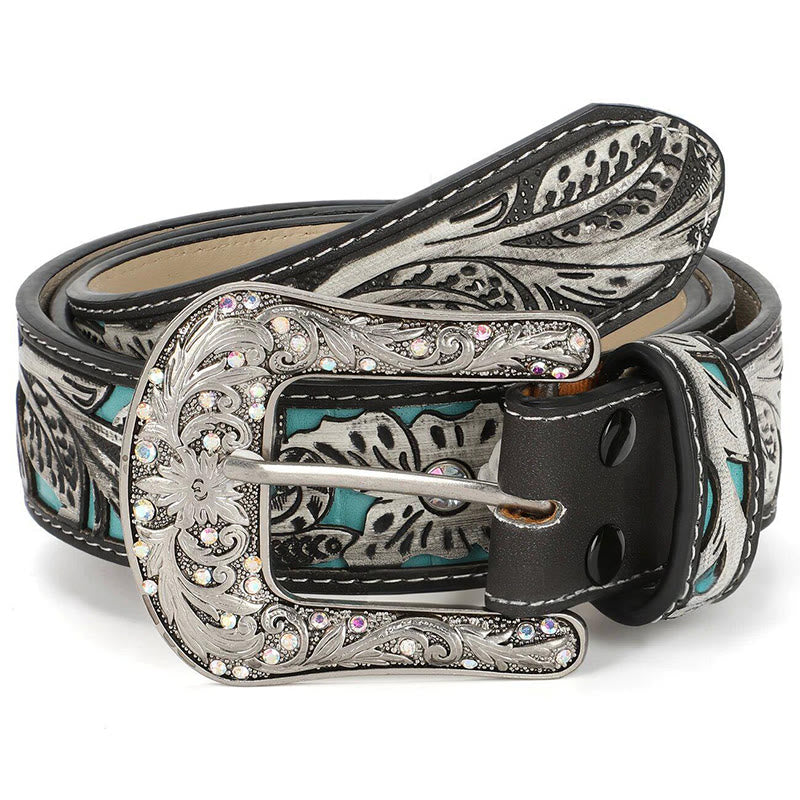 Women's Retro Carved Turquoise Accent Crystal Buckle Leather Belt - Blue - 44 - image 0