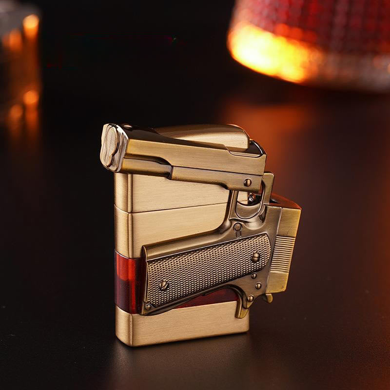 Creative Metal Texture Gun Style Butane Lighter - Golden and Red - image 1