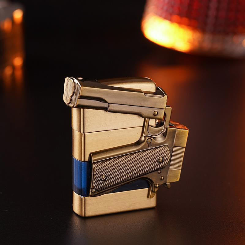 Creative Metal Texture Gun Style Butane Lighter - Golden and Blue - image 3