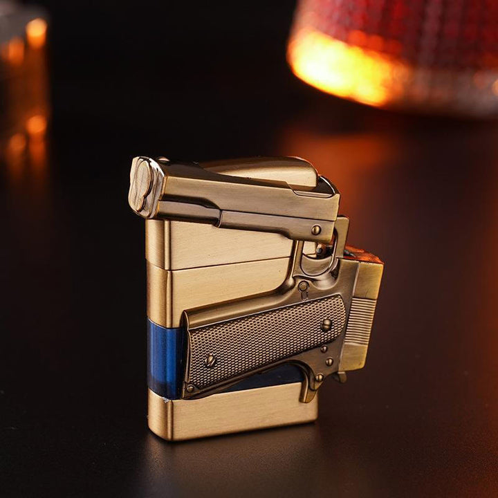 Creative Metal Texture Gun Style Butane Lighter - Golden and Blue - image 3