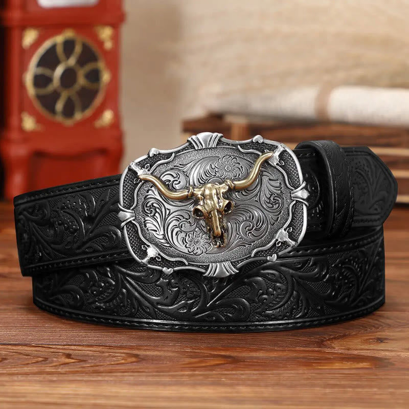 Men's Retro Carved Bull Skull Emblem Leather Belt - Black - 44 - image 0