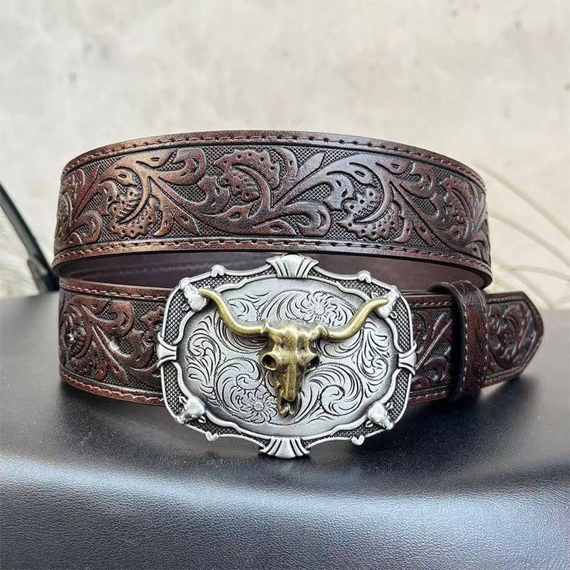 Men's Retro Carved Bull Skull Emblem Leather Belt - Coffee - 44 - image 1