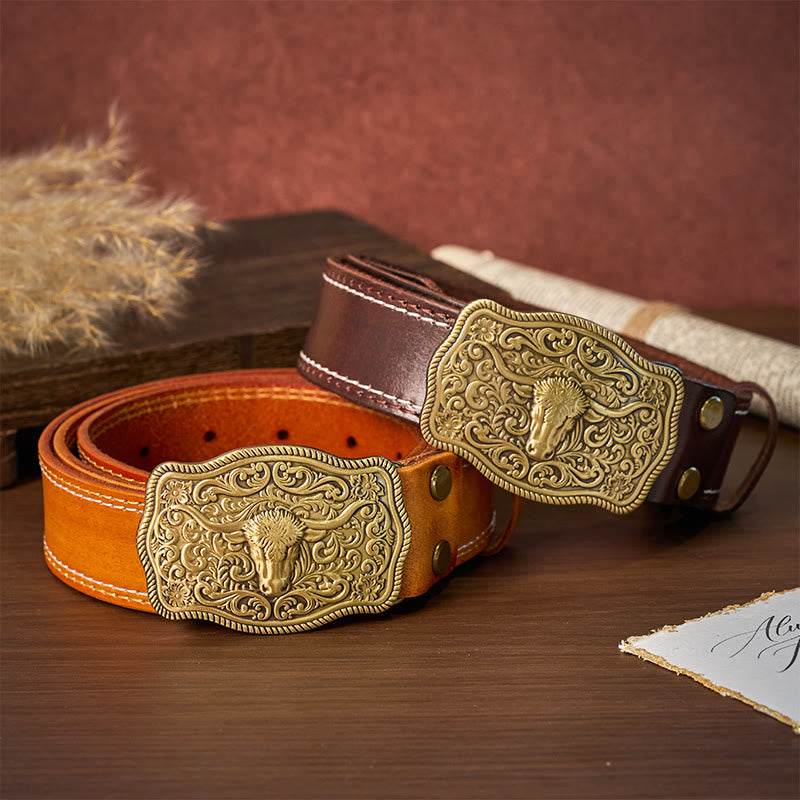 Men's Western Style Copper Bullhead Buckle Embossed Leather Belt - image 0