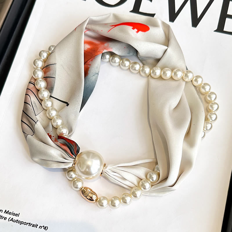 Women's Magnetic Clasp Artificial Pearl Necklace Scarf - Ivory Koi Fish - image 10