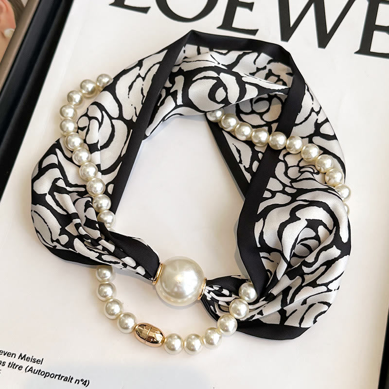 Women's Magnetic Clasp Artificial Pearl Necklace Scarf - Black Rose - image 7