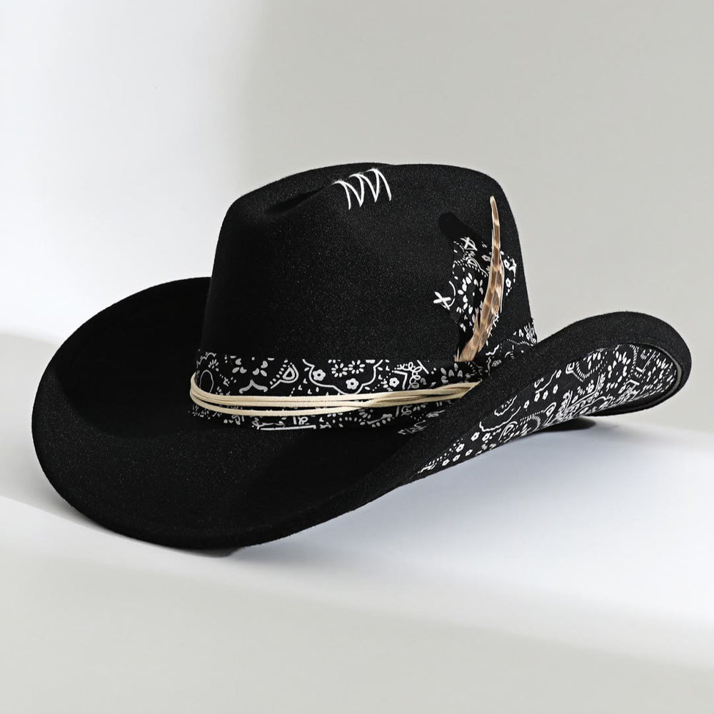 Bandana Trim Western Style Feather Accent Cowboy Hat - Black - M (22"-22 7/8") - image 1