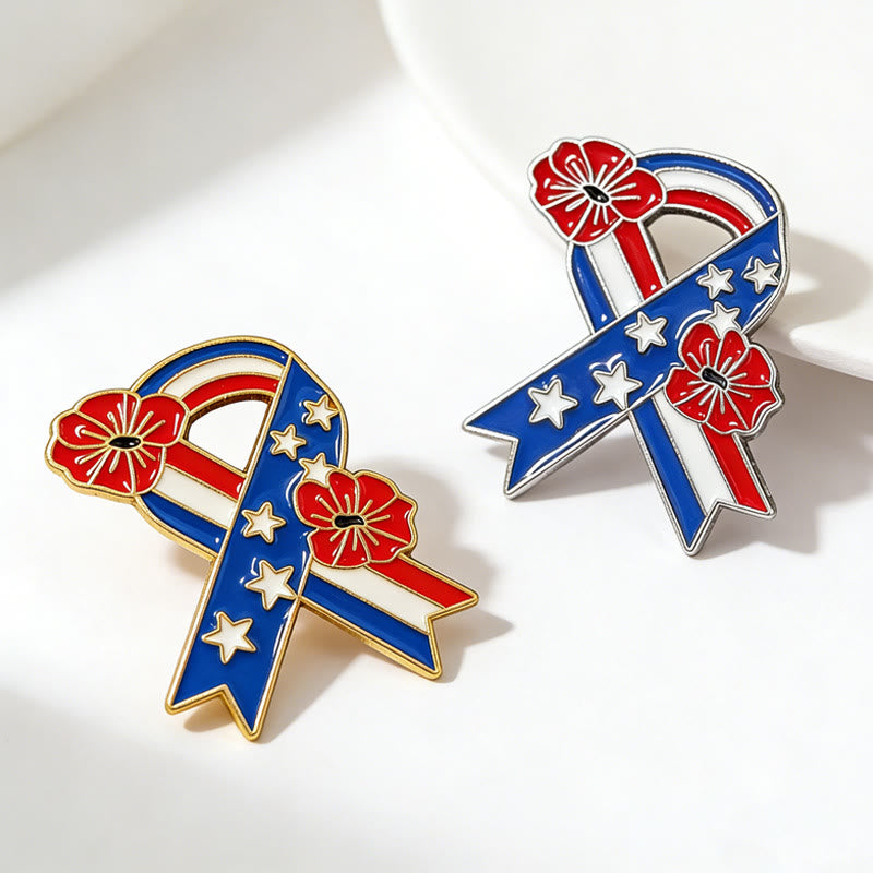 Patriotic Ribbon American Flag Poppy Enamel Brooch - image 5