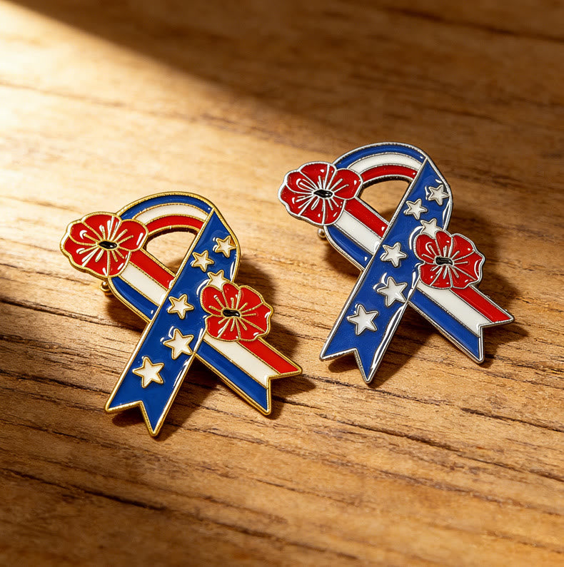 Patriotic Ribbon American Flag Poppy Enamel Brooch - image 2