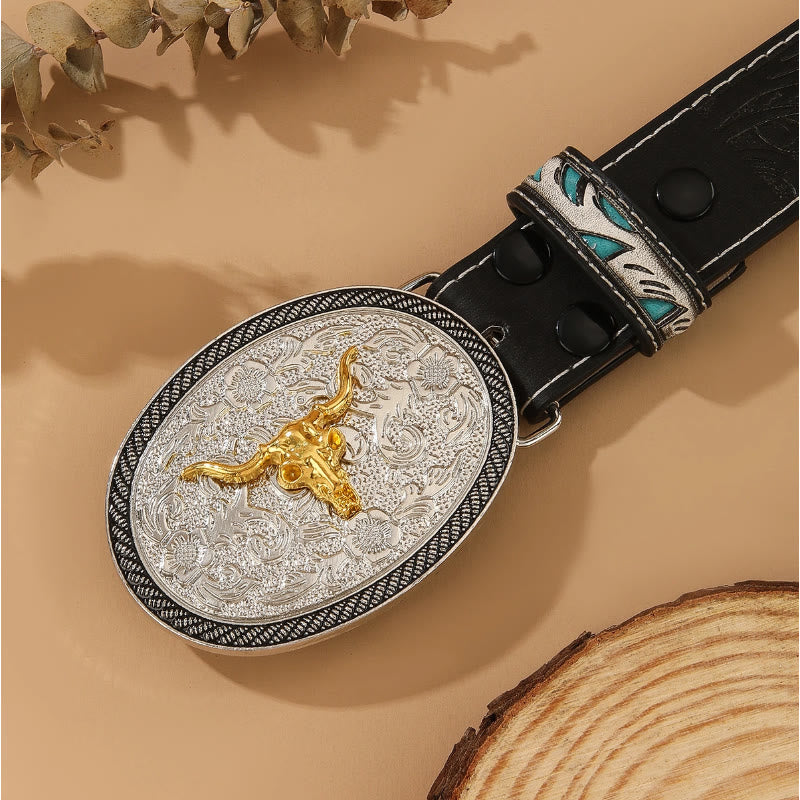Western Style Golden Bullhead Silver Oval Buckle Embossed Belt - image 1