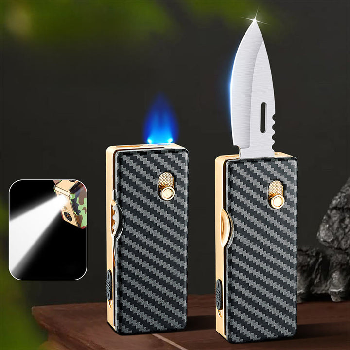 2-in-1 Golden Horse Relief Lighting Folding Knife Lighter - Carbon Fiber - image 3