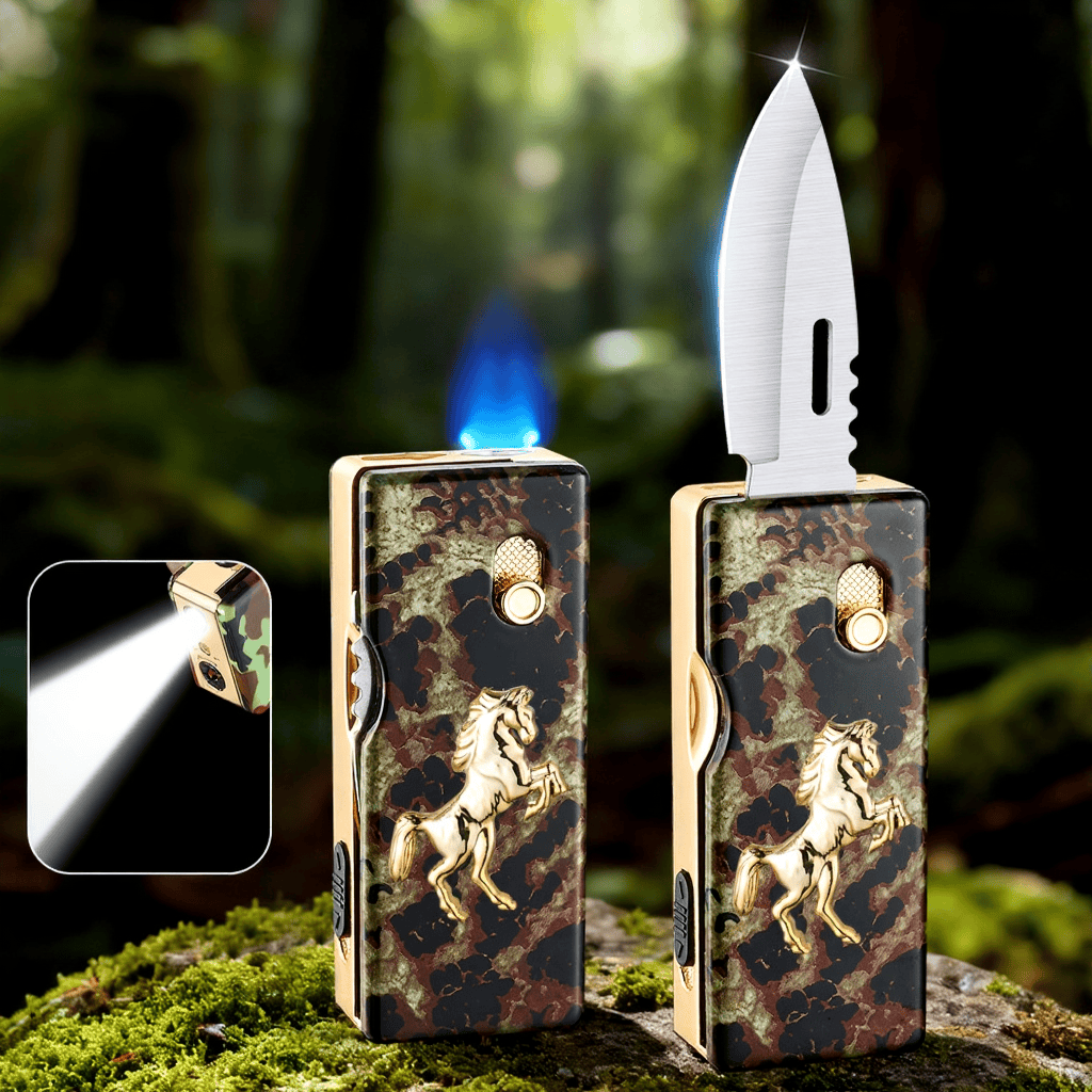 2-in-1 Golden Horse Relief Lighting Folding Knife Lighter - Horse - image 0