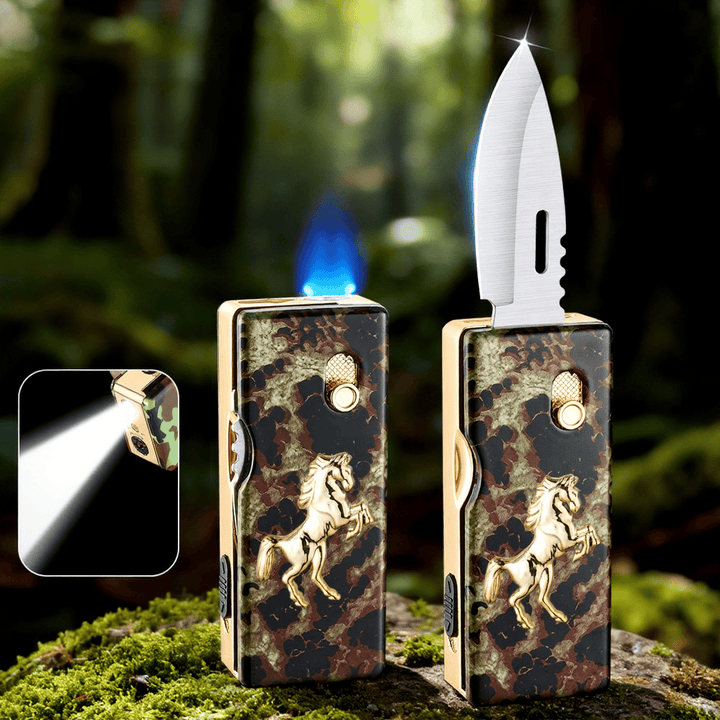 2-in-1 Golden Horse Relief Lighting Folding Knife Lighter - Horse - image 0