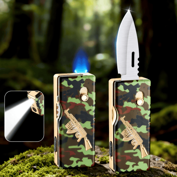 2-in-1 Golden Horse Relief Lighting Folding Knife Lighter - Gun - image 1