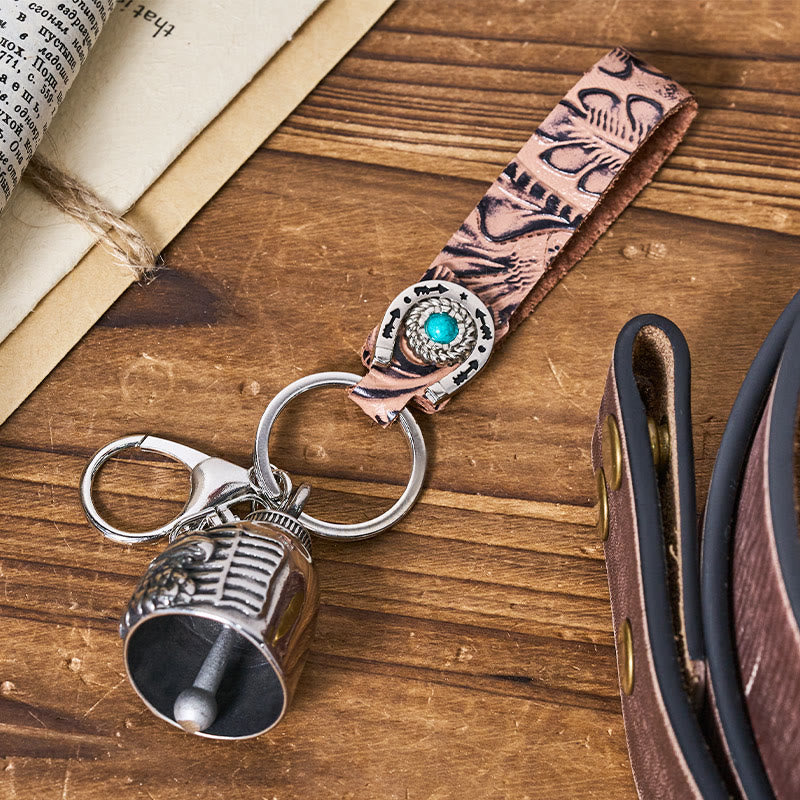 Vintage Motorcycle Eagle Bell Embossed Leather Keychain - image 2
