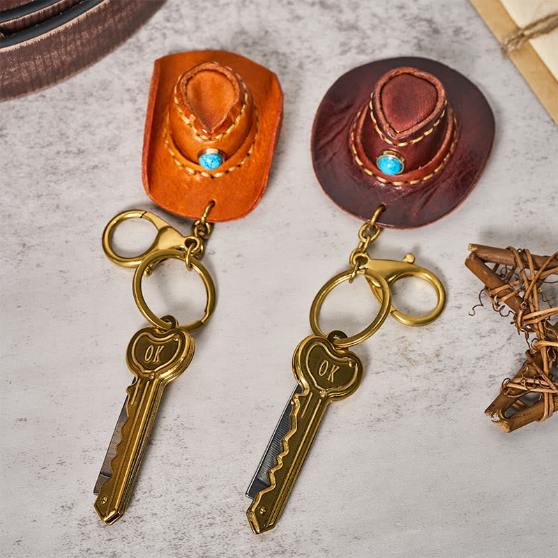 Western Retro Cowboy Hat Pendant Folding Knife Keychain - image 0