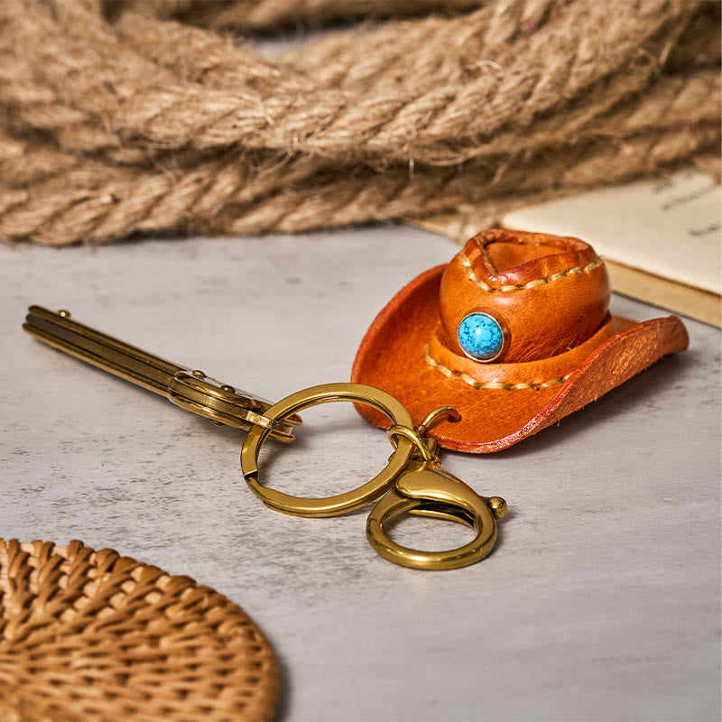 Western Retro Cowboy Hat Pendant Folding Knife Keychain - image 2