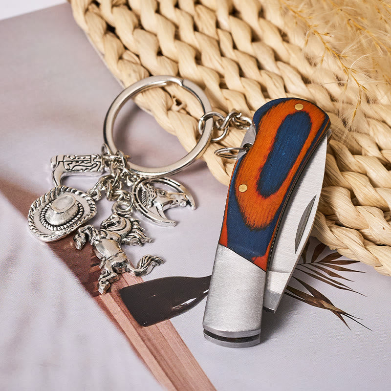 Wood Grain Folding Knife Silver Horse & Cowboy Hat Keychain - image 1