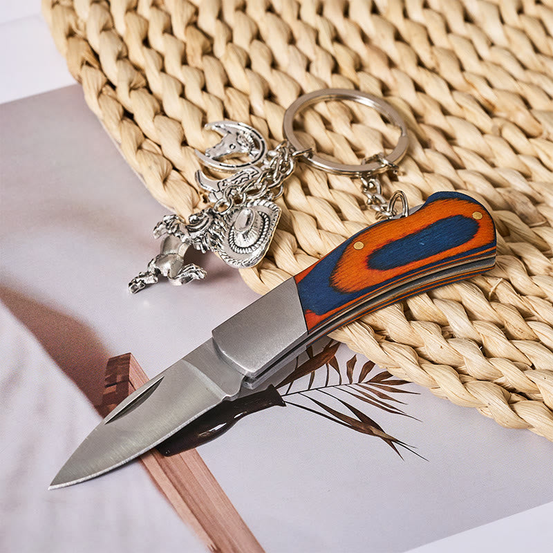 Wood Grain Folding Knife Silver Horse & Cowboy Hat Keychain - Silver - image 0