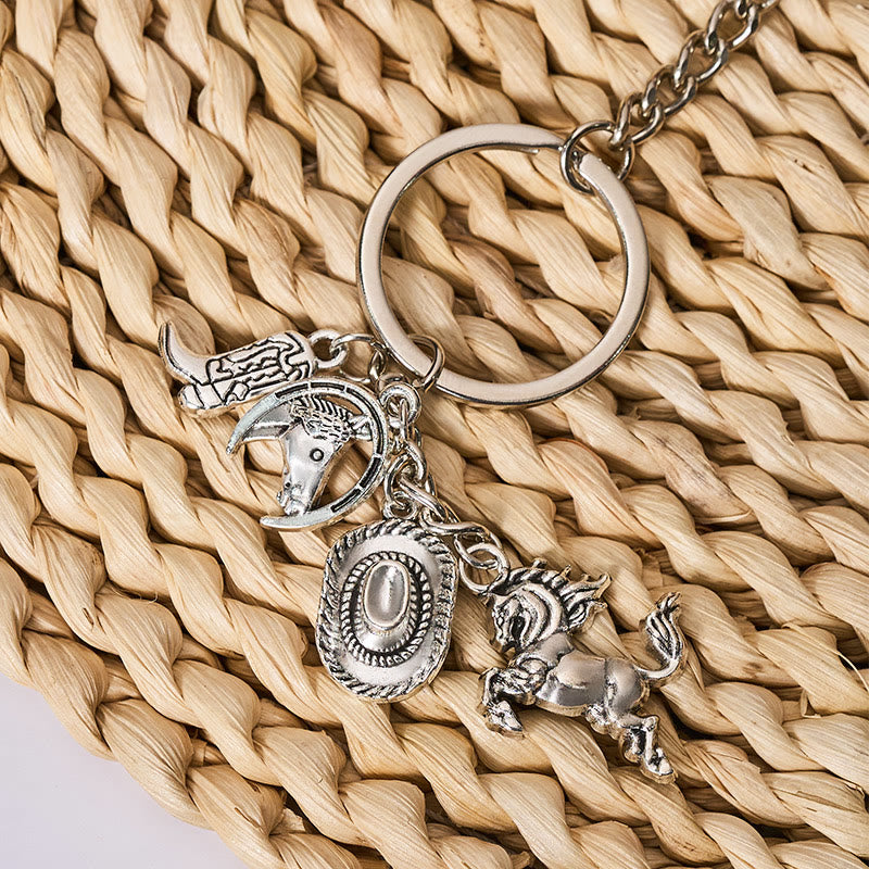 Wood Grain Folding Knife Silver Horse & Cowboy Hat Keychain - image 3