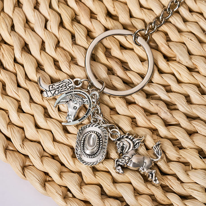 Wood Grain Folding Knife Silver Horse & Cowboy Hat Keychain - image 3