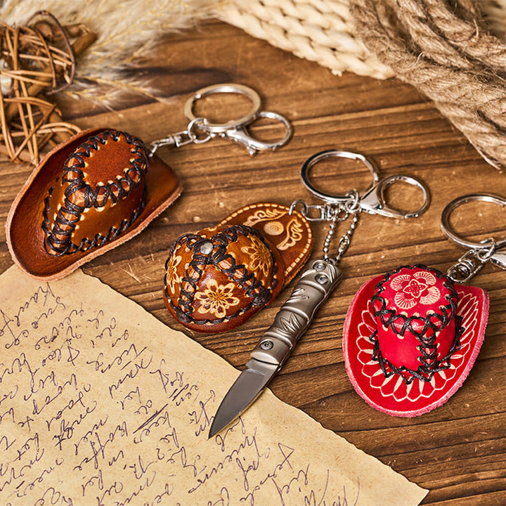 Western Silver Folding Knife Cowboy Hat Pendant Keychain - image 0
