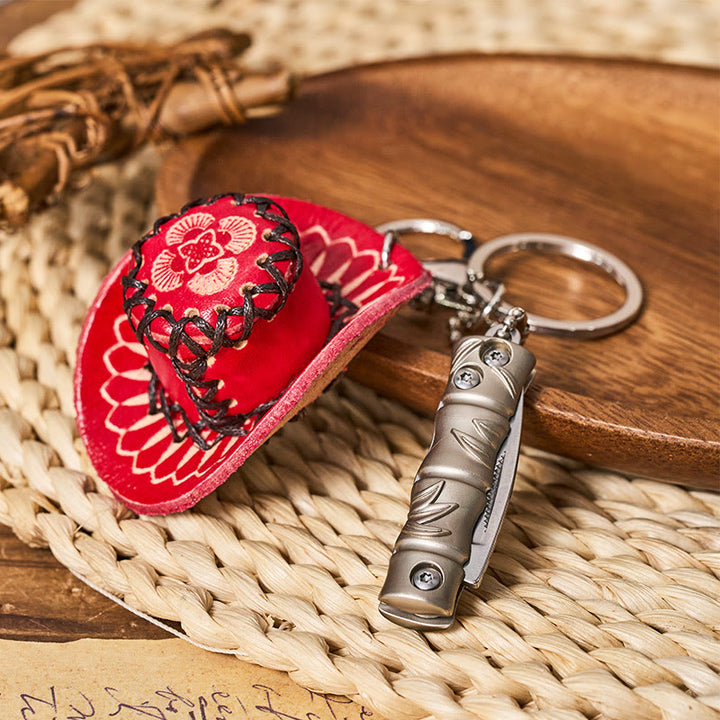 Western Silver Folding Knife Cowboy Hat Pendant Keychain - image 2