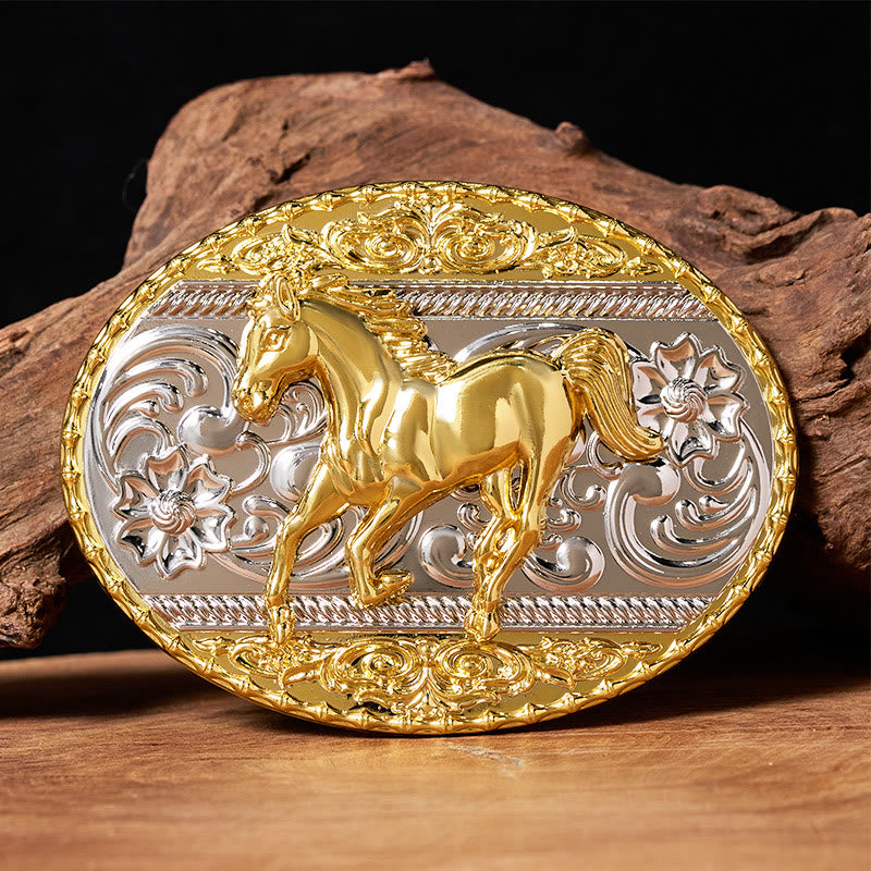 Men's Gold & Silver Galloping Horse Oval Buckle Leather Belt - Without Belt - Not Included Belt - image 0