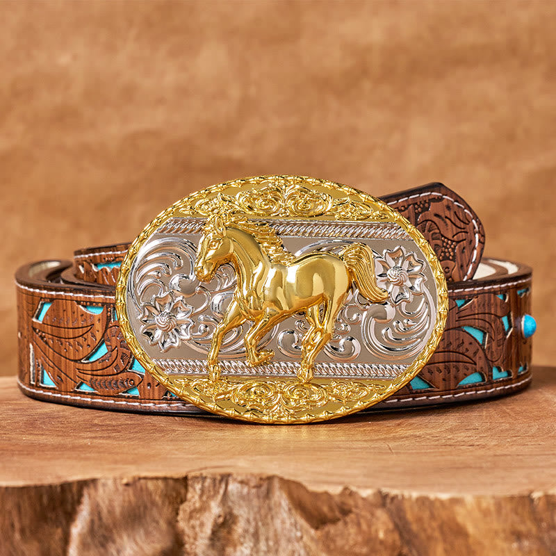 Men's Gold & Silver Galloping Horse Oval Buckle Leather Belt - Turquoise Carved Belt - 42 - image 3