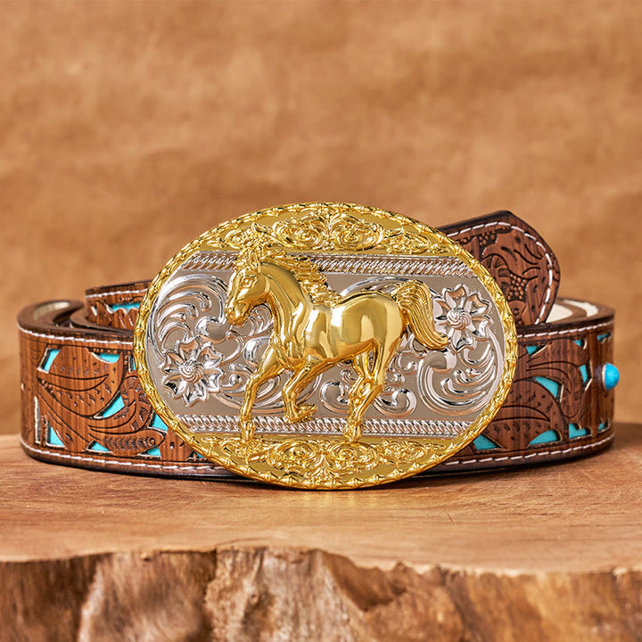 Men's Gold & Silver Galloping Horse Oval Buckle Leather Belt - Turquoise Carved Belt - 42 - image 3