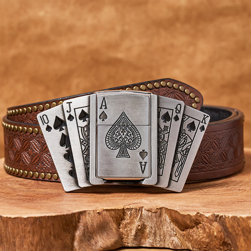 Men's DIY Poker Flush Leather Belt with Hidden Lighter - Poker - Brown Rivet Belt - 42 - image 7