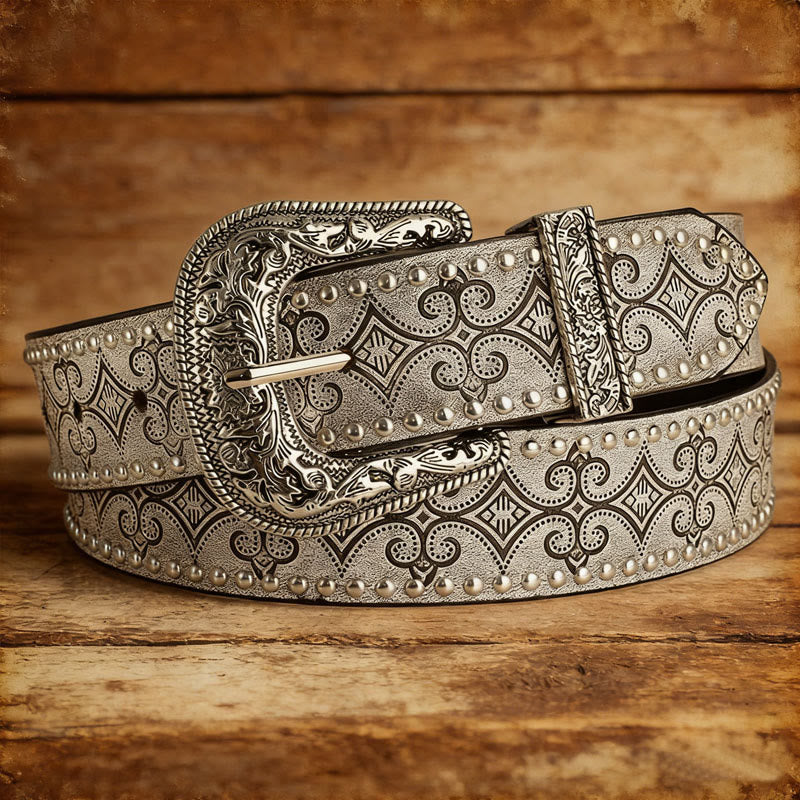 Western Pattern Decorative Buckle Leather Belt - Grey - 36 - image 2