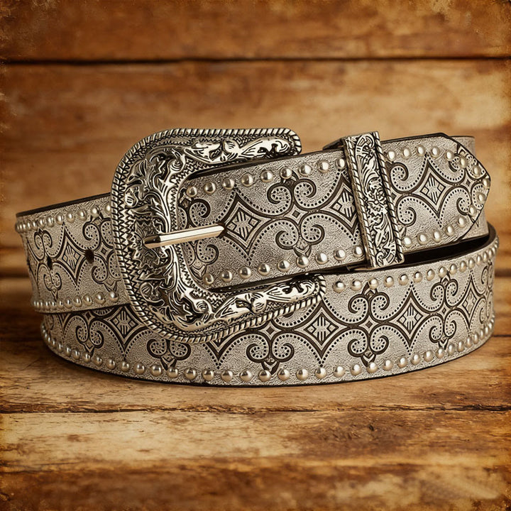 Western Pattern Decorative Buckle Leather Belt - Grey - 36 - image 2