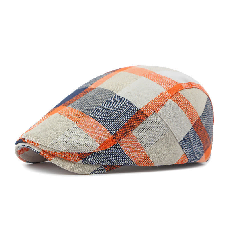 Summer Linen Plaid Breathable Beret Hat - Orange - Adjustable(21 5/8"-23 1/4") - image 0
