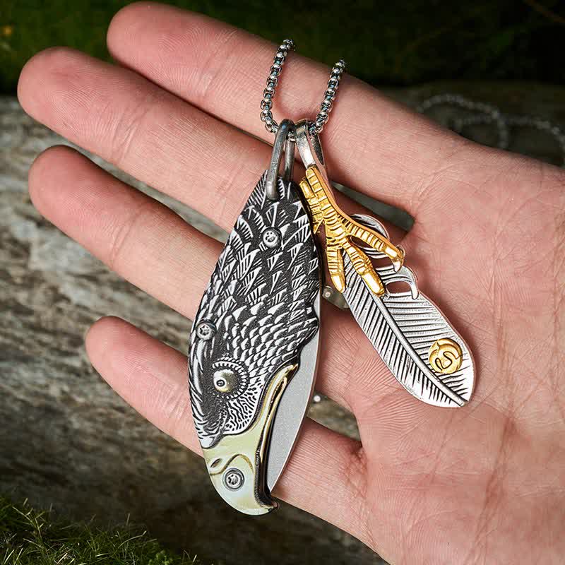 Eagle & Claw Feather Mini Tool Folding Knife Necklace - image 1