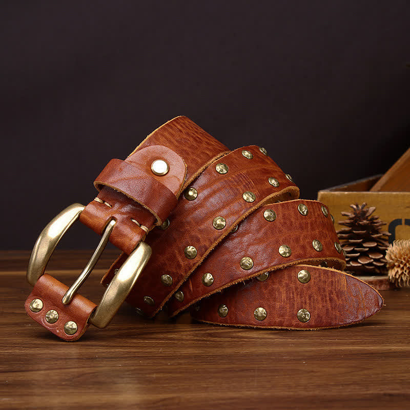 Old West Brass Rivet Distressed Studded Leather Belt - image 3