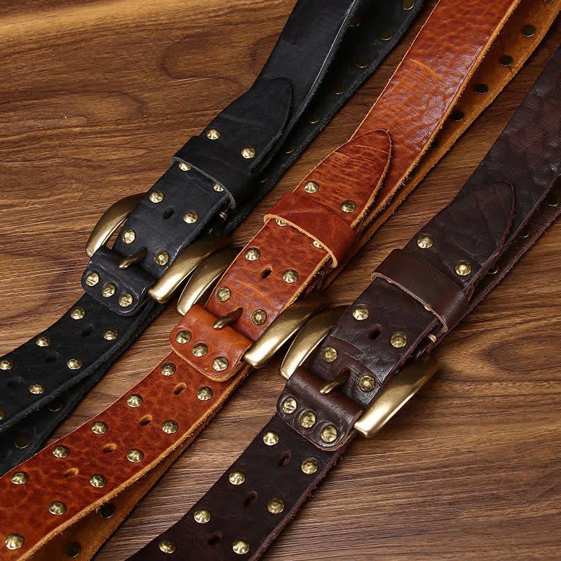 Old West Brass Rivet Distressed Studded Leather Belt - image 1