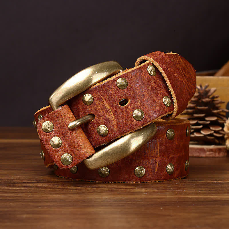 Old West Brass Rivet Distressed Studded Leather Belt - image 4