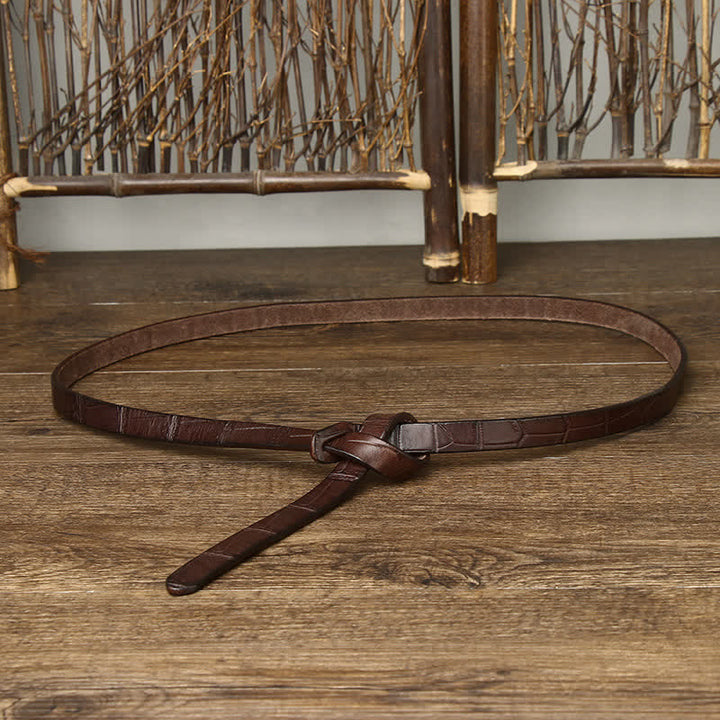 Women's Hand-Tied Crocodile-Embossed Leather Knot Belt - Coffee - 47.2"(120cm) - image 0