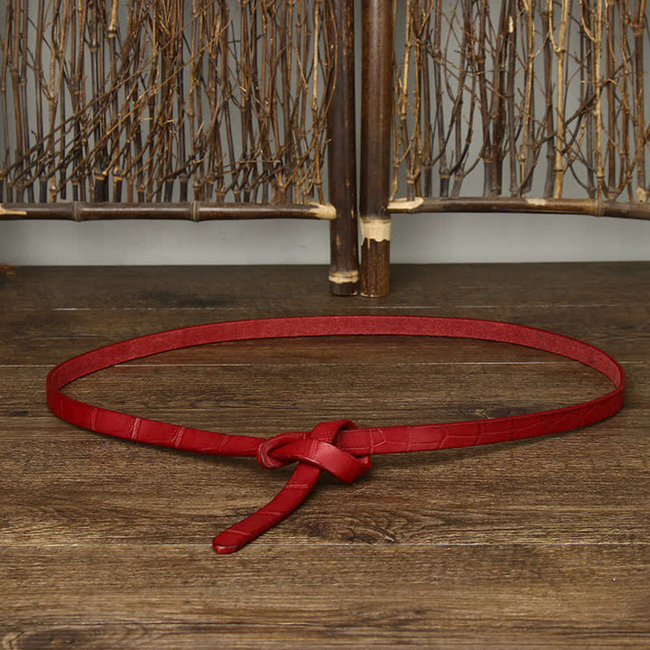 Women's Hand-Tied Crocodile-Embossed Leather Knot Belt - Red - 47.2"(120cm) - image 8