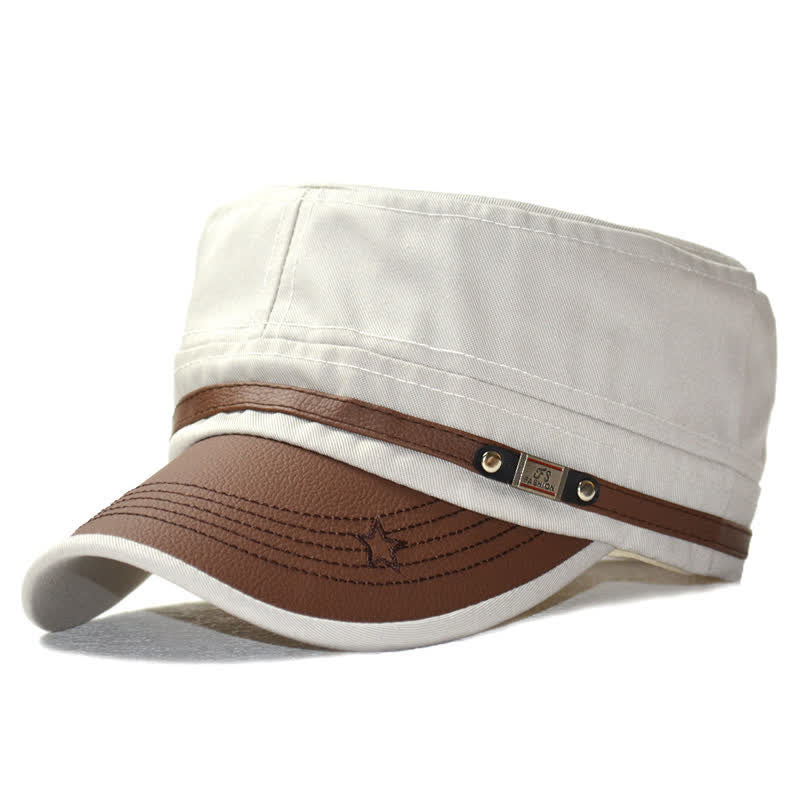 Military-Style Leather Accents & Star Embroidery Flat Top Hat - White - M (22"-22 7/8") - image 0
