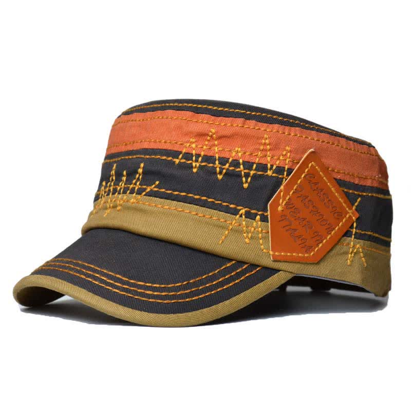 Retro Color-Blocked Leather Patch Military Style Flat Top Hat - Dark Gray - M (22"-22 7/8") - image 0