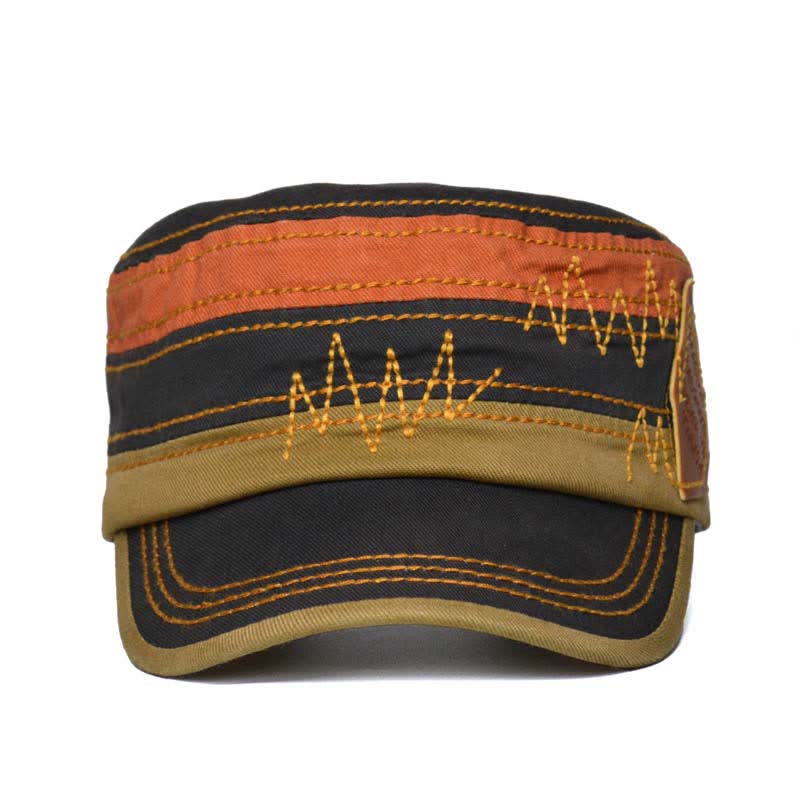 Retro Color-Blocked Leather Patch Military Style Flat Top Hat - image 1