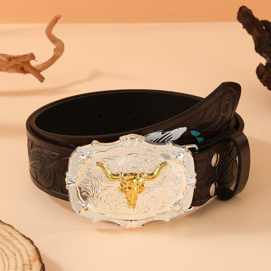 Western Golden Bullhead Buckle Feather Embossed Leather Belt - Coffee - 42 - image 4