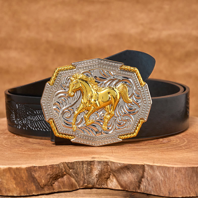 Men's Western Gold And Silver Relief Galloping Horse Buckle Leather Belt - Black Embossed Eagle Belt - 42 - image 2