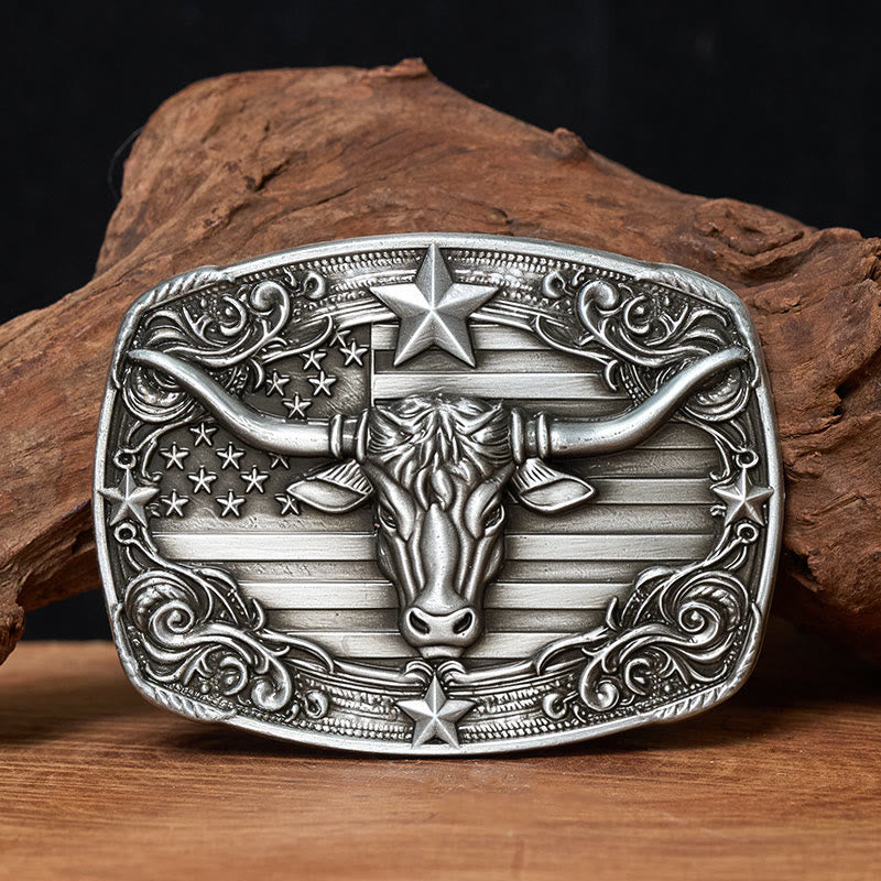 Men's Silver Vintage Star-striped Flag Longhorn bull Buckle Leather Belt - Without Belt - Not Included Belt - image 0