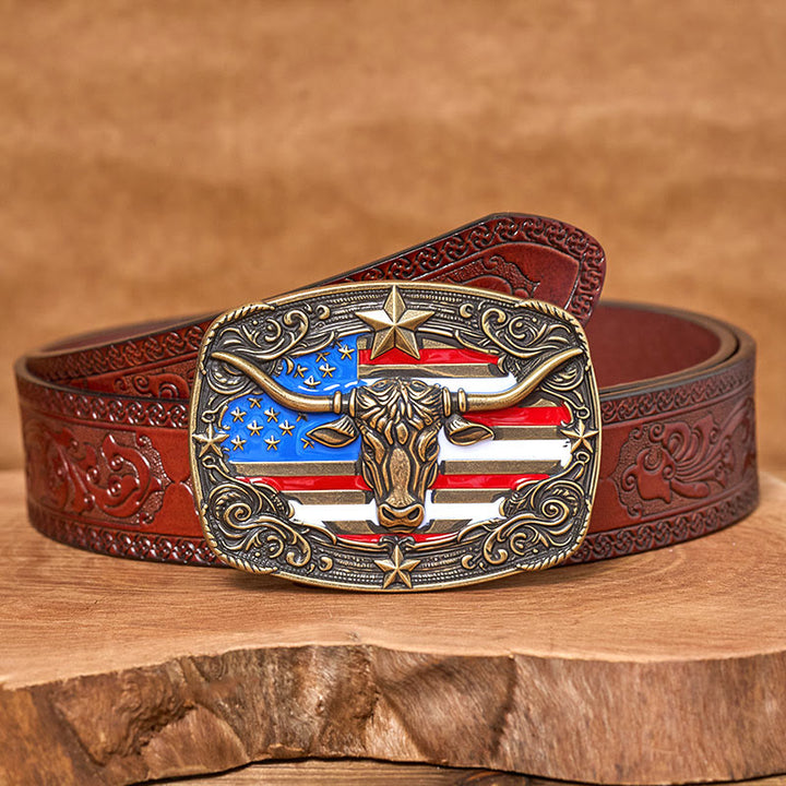 Men's Colorful Star-striped Flag Longhorn bull Buckle Leather Belt - Bronze - Brown Carved Belt - 42 - image 13