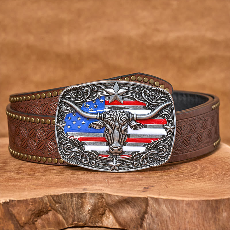 Men's Colorful Star-striped Flag Longhorn bull Buckle Leather Belt - Silver - Brown Rivet Belt - 42 - image 8