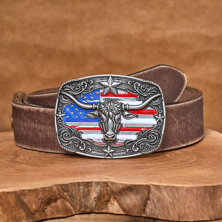 Men's Colorful Star-striped Flag Longhorn bull Buckle Leather Belt - Silver - Brown Distressed Belt - 42 - image 10