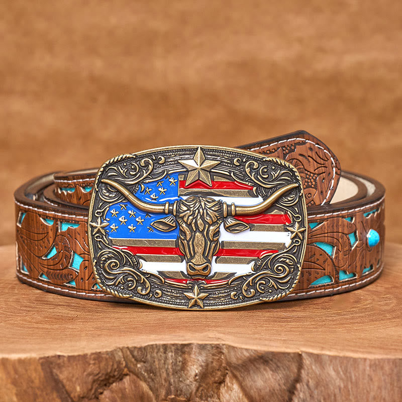 Men's Colorful Star-striped Flag Longhorn bull Buckle Leather Belt - Bronze - Turquoise Carved Belt - 42 - image 7